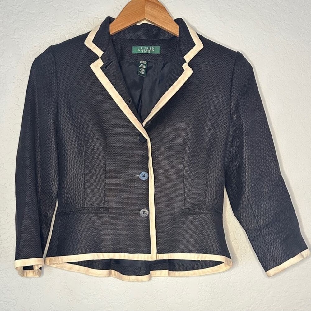 Ralph Lauren Black Linen Crop Blazer Cream Trim Classic Preppy Vintage Size 2P